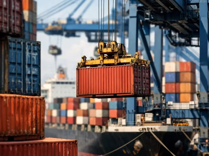 Shipping containers stacked at a port terminal