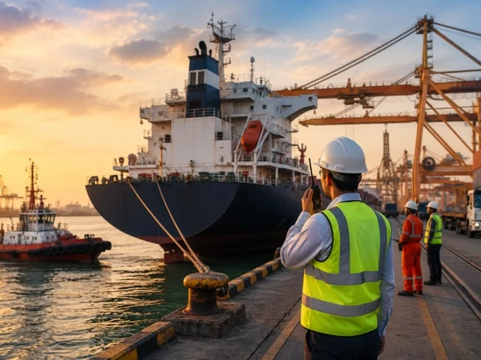 Port supervisor monitoring cargo ship operations